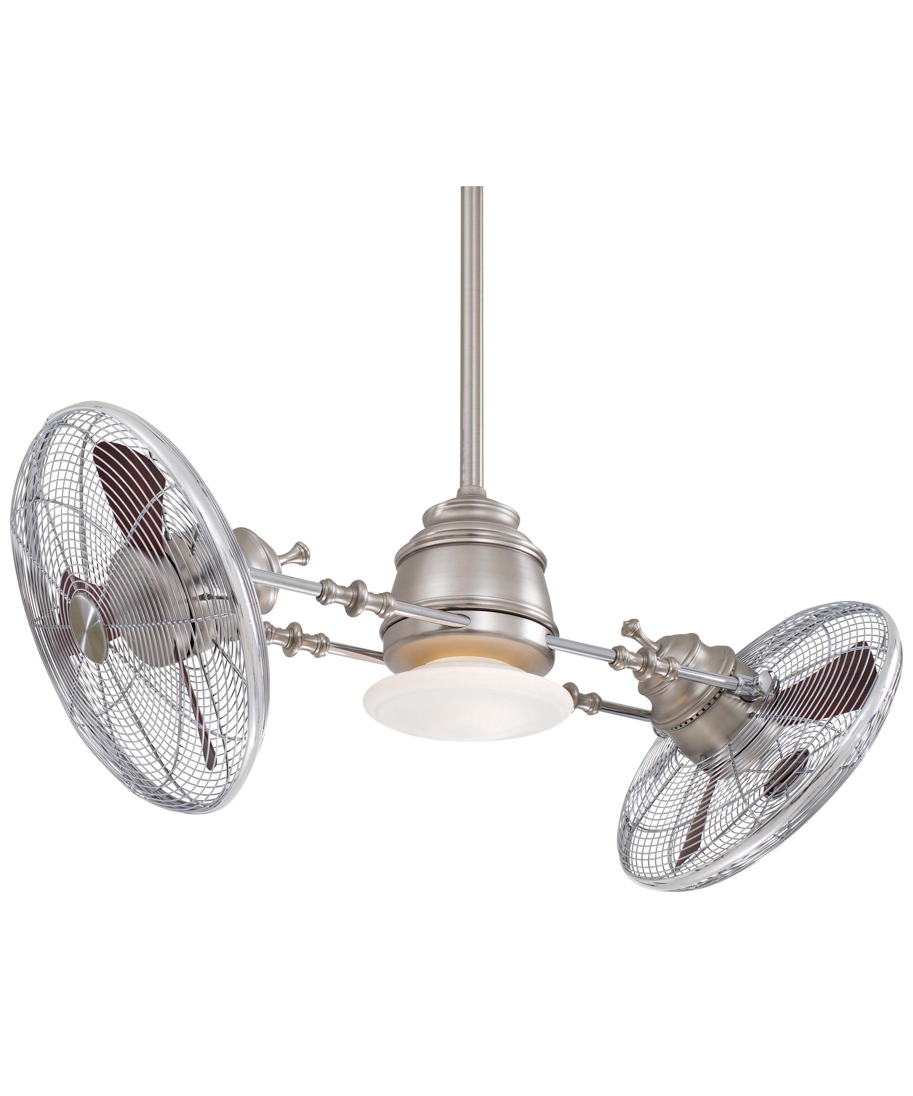 Minka Aire Vintage Gyro 42 Inch Double Ceiling Fan With Light Kit Shown In Brushed Nickel Chrome Finish And Etched Opal Glass